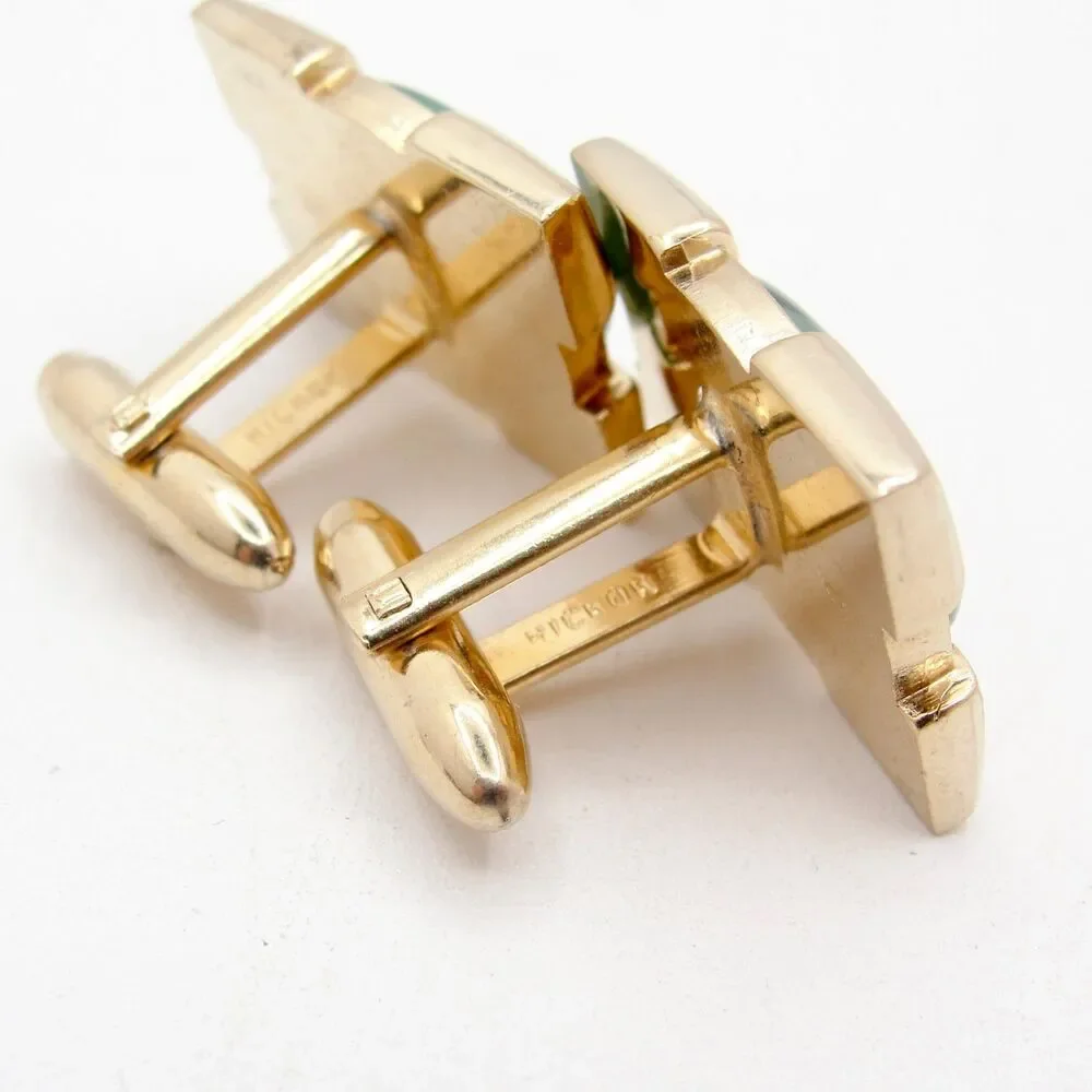 Vintage Hickok Cufflinks Gold Tone Green Slag Marbled Cabochon MCM Groom Formal